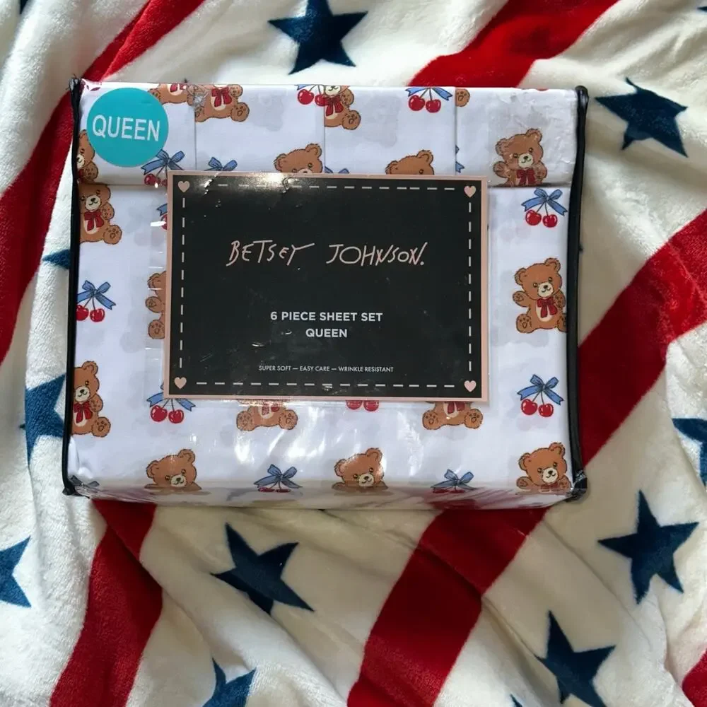 Betsey Johnson White Teddy Bear & Red Cherry Queen Sheet Set